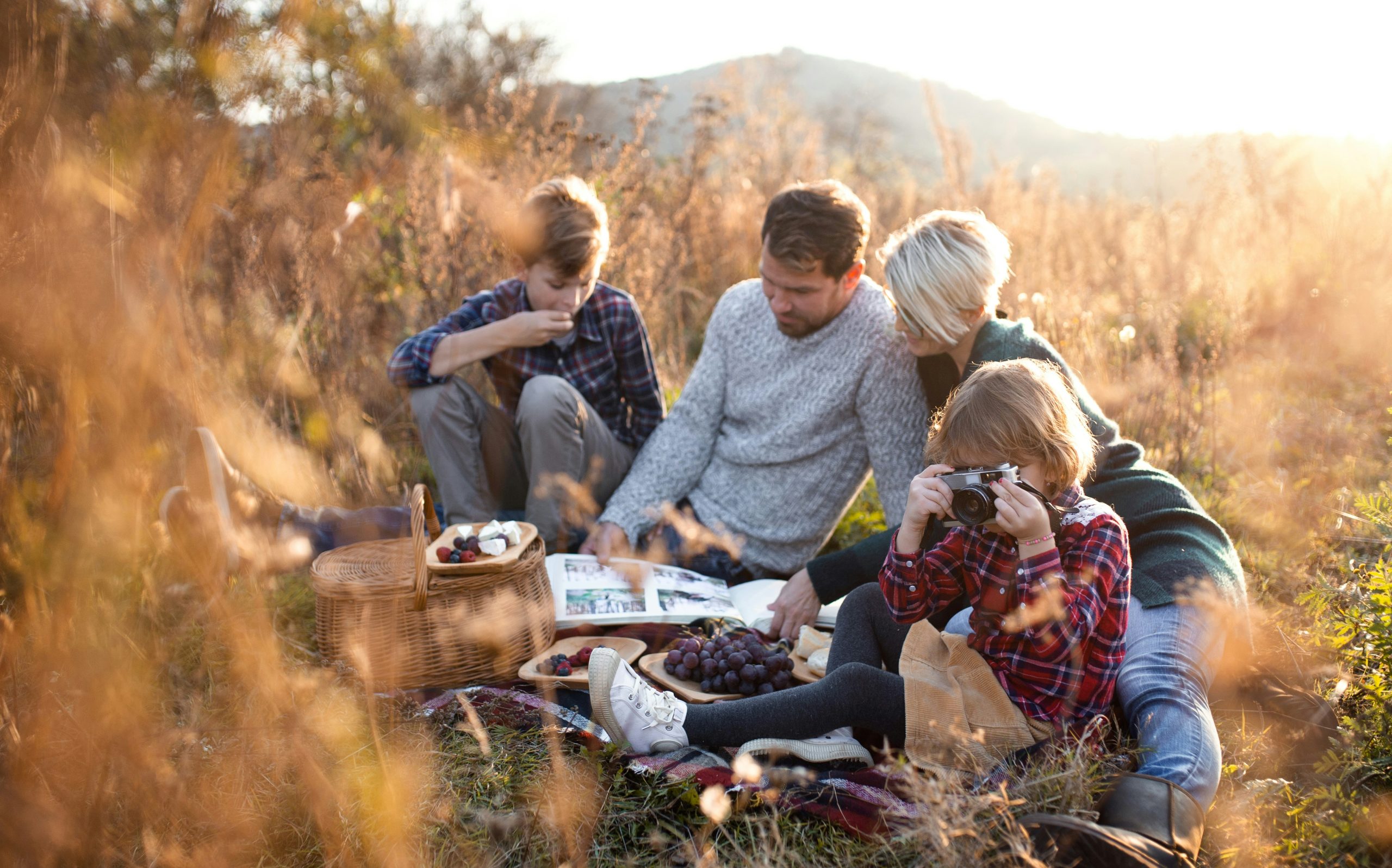 A family enjoying a picnic together in a golden field